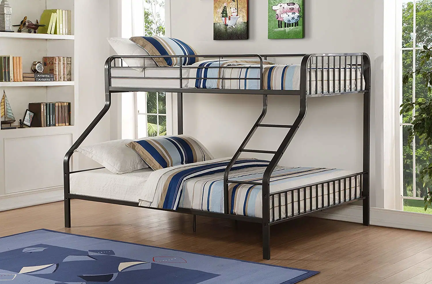 Metal Gunmetal Twin XL Over Queen Bunk Bed Steel Trio Bunk Bed