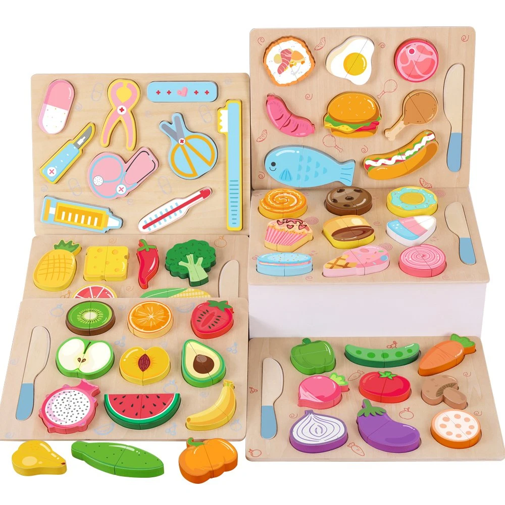 Montessori Wooden Block Cutting Board Game Fruit and Vegetable Combination Puzzle Game