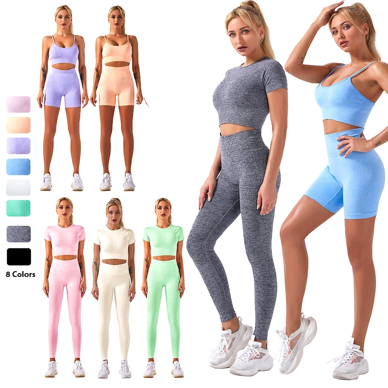 Factory Sale 4 Pieces Matching Set Seamless Yoga Running Tennis Casual Outfit for Women Sexy Sports Clothing Bra + Crop Top + Shorts + Leggings Athletic Apparel