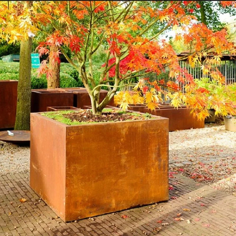 Jardinière carrée en acier Corten pour jardin extérieur, finition vieillie