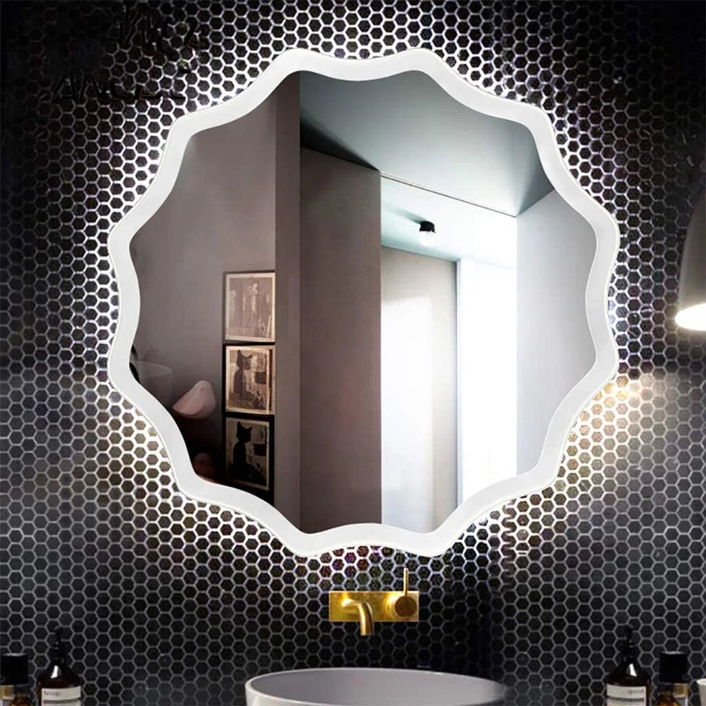 Bathroom LED Mirror, Wall Mounted Round Sandblasting Design Makeup Vanity Mirror for Simple Decorative Design Washroom Hotel