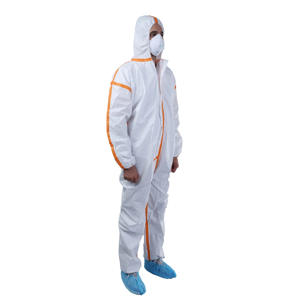 in Stock Disposable Nonwoven Microporous SMS PP Protective Coverall White Cheap Type 5/6 Ppes Disposable Suit Safety Coverall