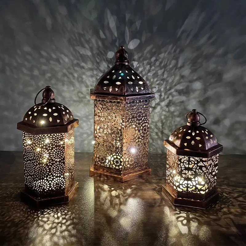 Eid Mubarak Iron Lantern Pendant with LED Light for Party Decorate Supplies