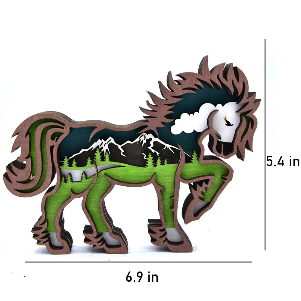 Home Shelf Table Desk Wooden Multilayer Animal Horse Silhouette Sculpture Decoration with Light