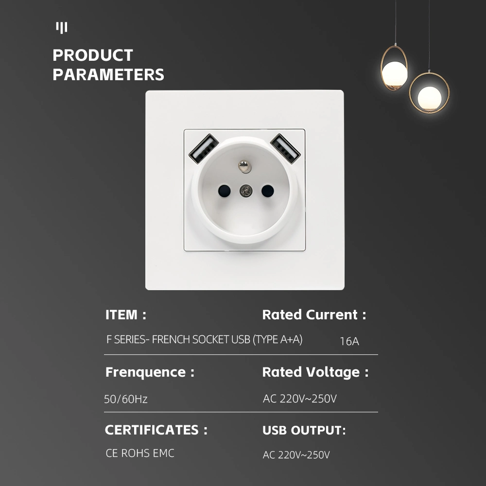 Flammhemmender PC-Frontplattenelektrik nach europäischer Norm Wandsteckdose mit Dual USB-Ladegeräten Typ A 2100mA