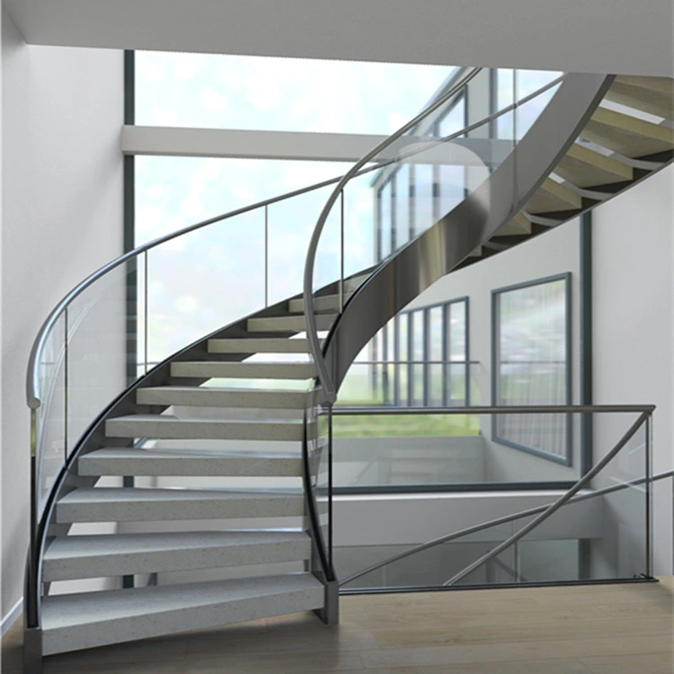 Glass Staircase Wood Step Glass Rails Curved Staircase with Stainless Steel Stringer and Glass Railing