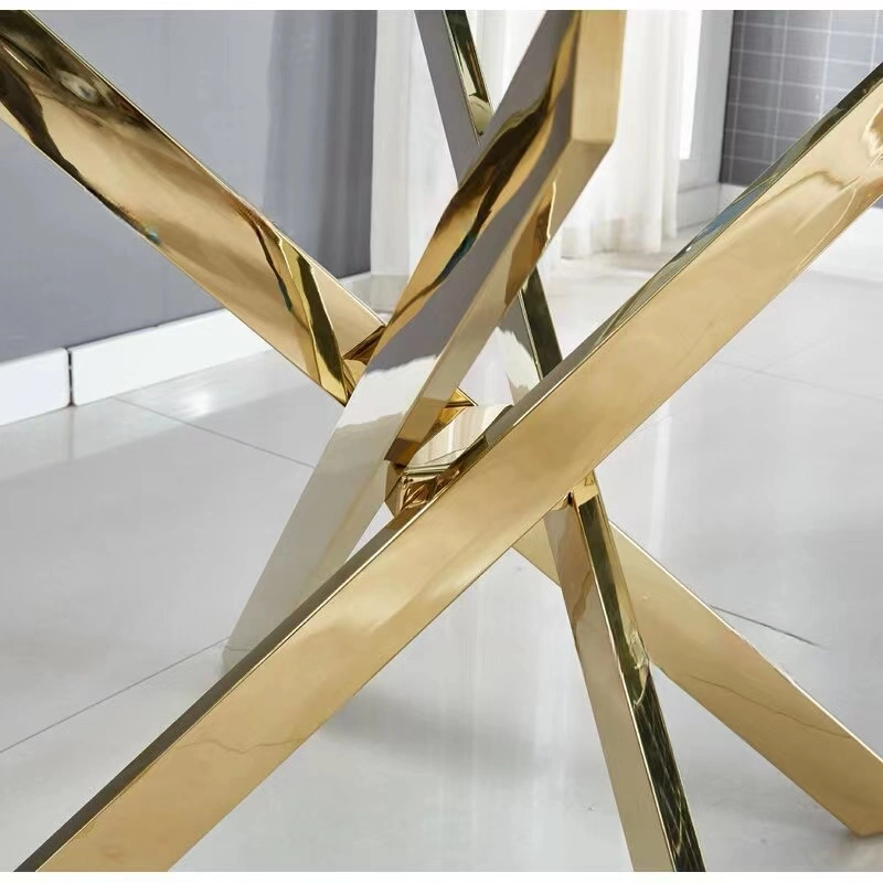 Modern Transparent Tempered Glass Dining Table with Gold Stainless Steel Frame