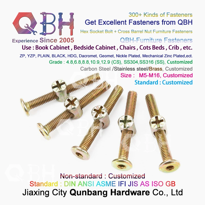 Qbh Custemized M6X50 Yellow Zinc Plating Plated Carbon Steel Bolt & Nut Furniture Bed Hardware