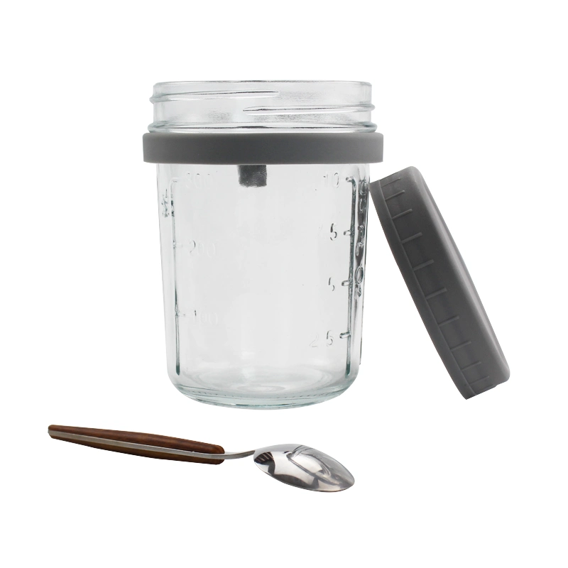 Taza de avena transparente para el desayuno con tapa sellada de plástico y cuchara 10oz Jar reutilizable de vidrio Mason balanza de almacenamiento Jar