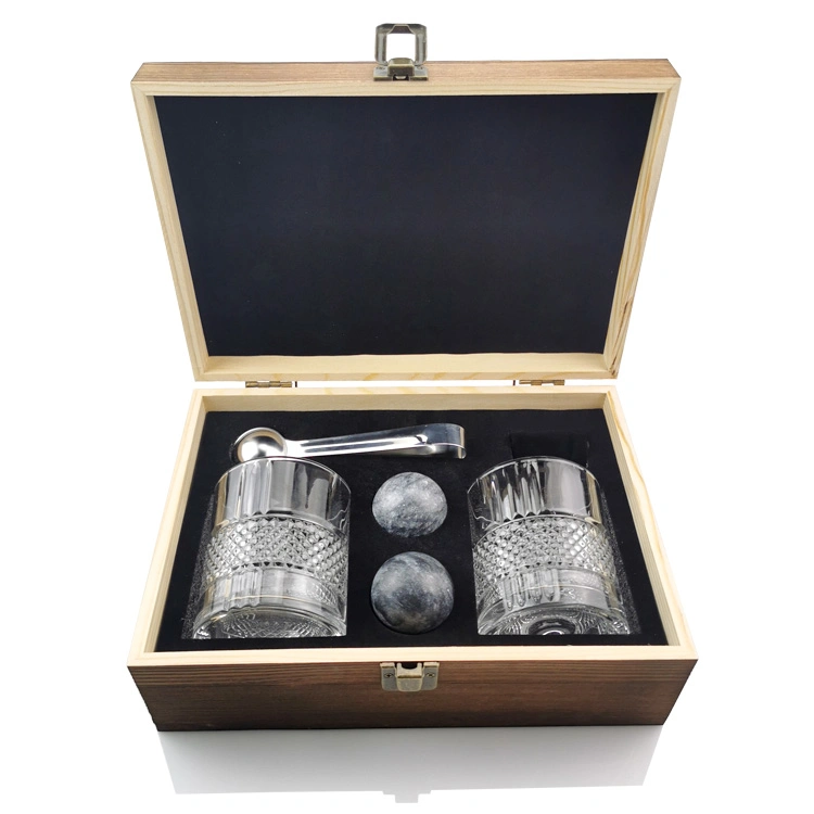 Round Embossed Creative Wine Drink Glass Tumblers Whiskey Stones Whisky Glass Gift Set in Luxury Wooden Box