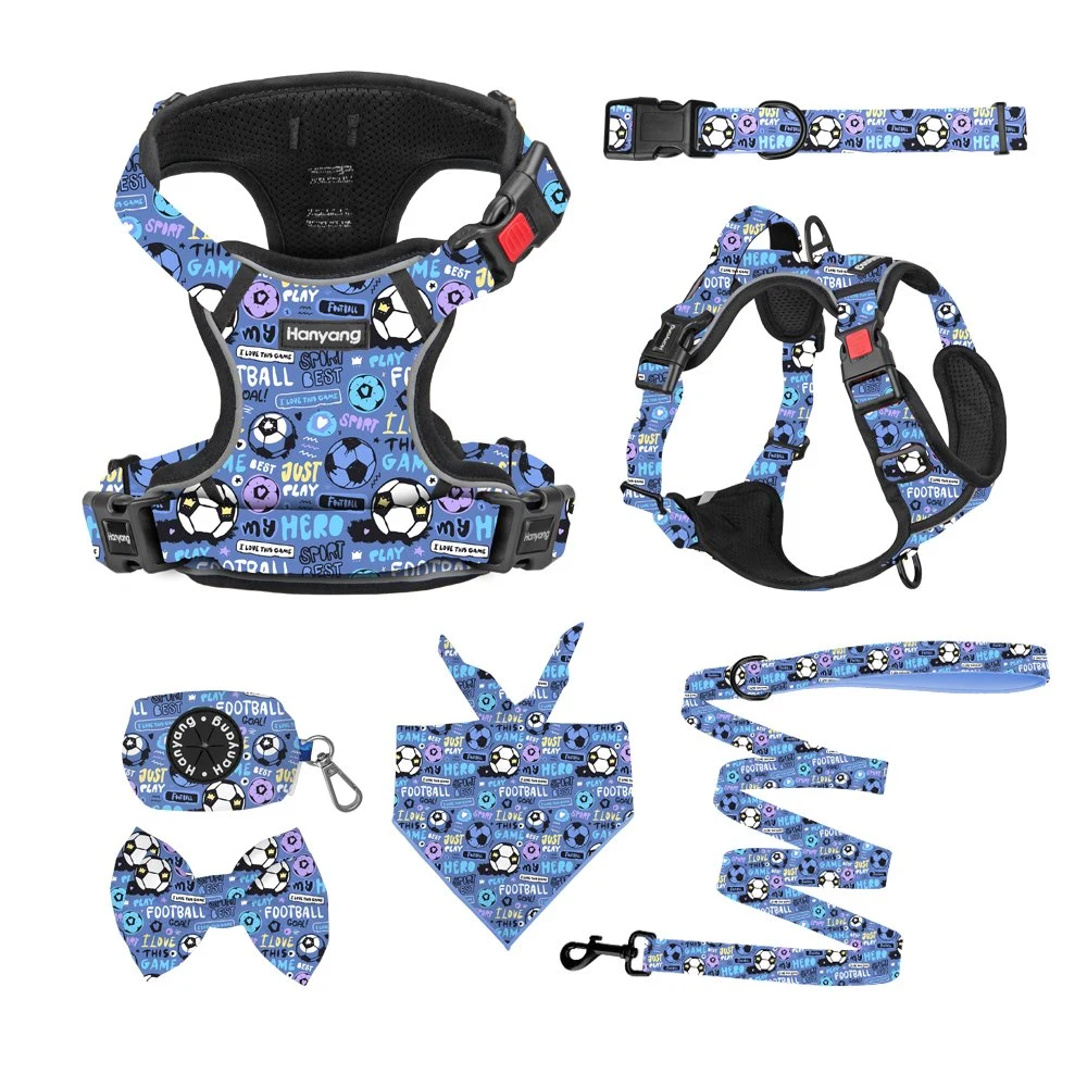 Hanyang Soccer Game Design Pet Harness Wholesale/Supplier Customized Football Season Pattern Oxford Dog Harness and Leash Set