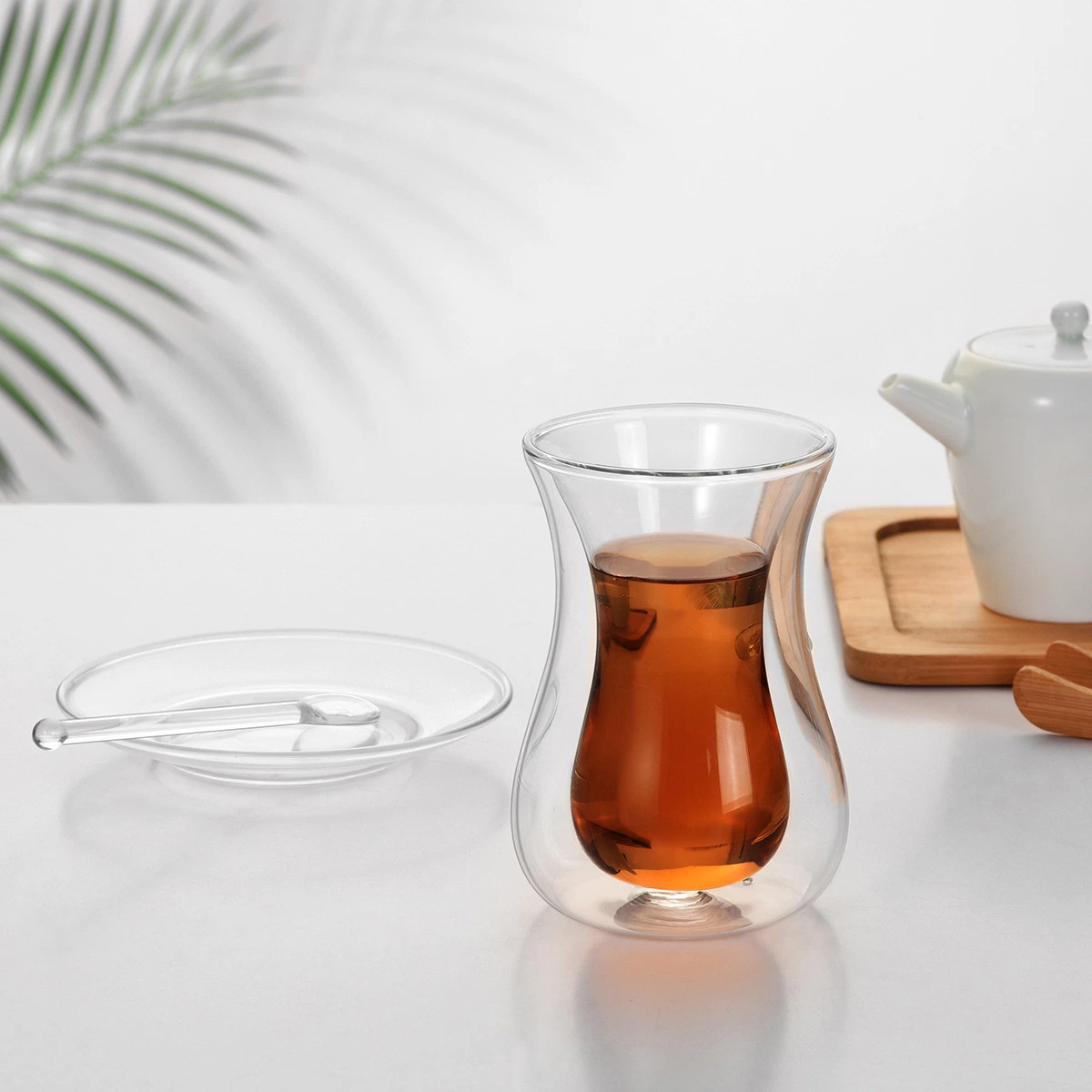 115ml Coffee Cup Set with Saucer and Glass Spoon Insulated Double Glass Transparent