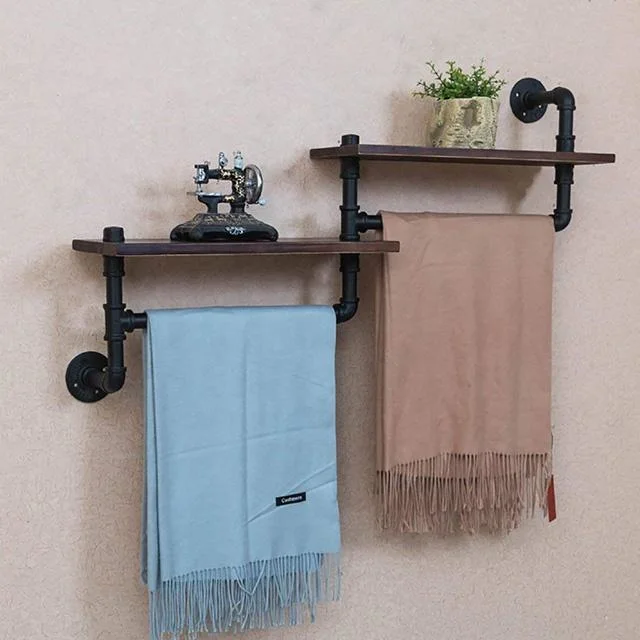 Black Industrial Style Solid Wood Towel Rack for Bathroom with Iron Pipe