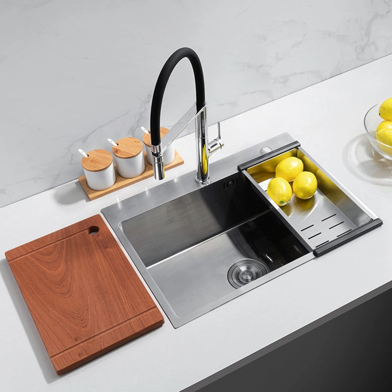 Fashionable and Modern Handmade Single Bowl Three-Hole Square Brushed Above Counter 304 Stainless Steel Kitchen Sink