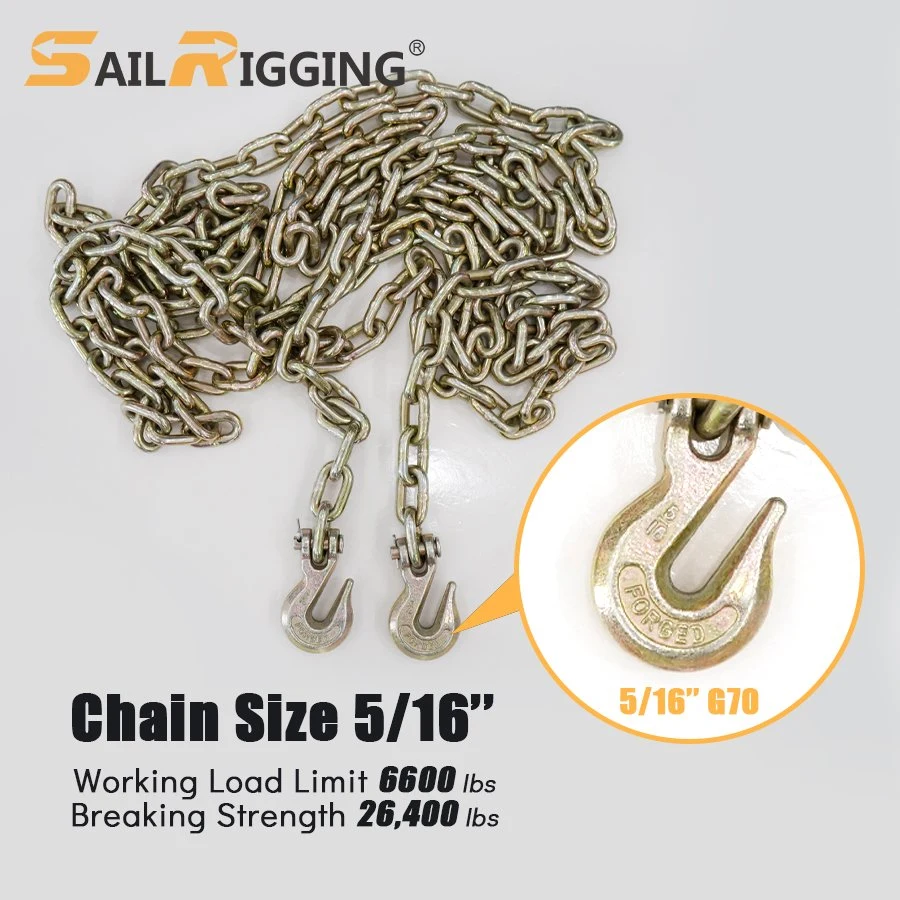 5/16" * 20' G 70 Us Standard Link Yellow Zinc Transport Chain Binder Chain with Clevis Grab Hook