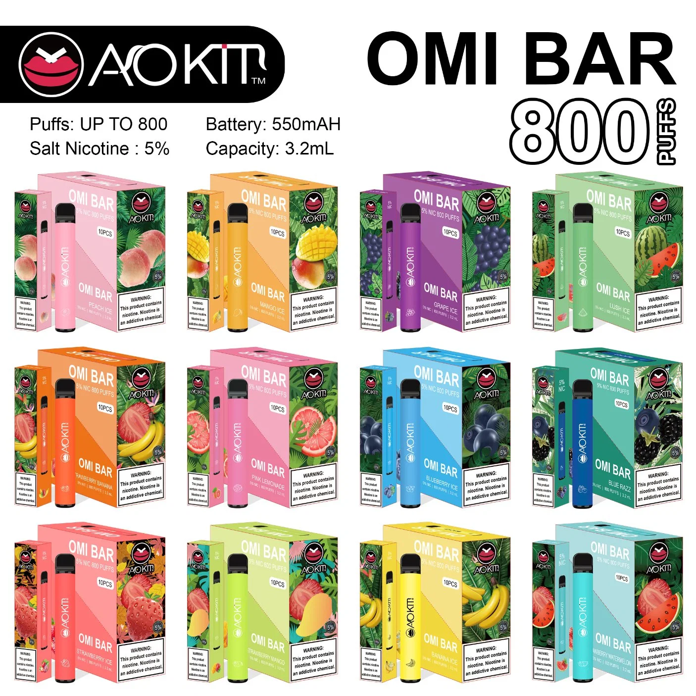 Lápiz de Vape desechables 800 inhalaciones vaporizador Aokit Omi Bar Mini E-cigarrillo