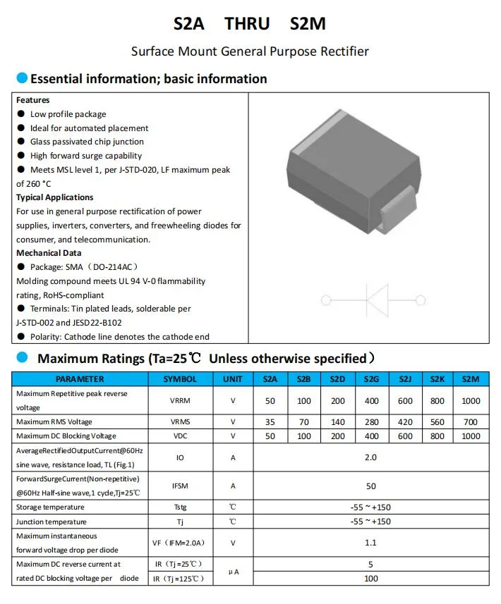 El chino hizo S2g el diodo SMD de 2A Diodo de propósito general de montaje en superficie