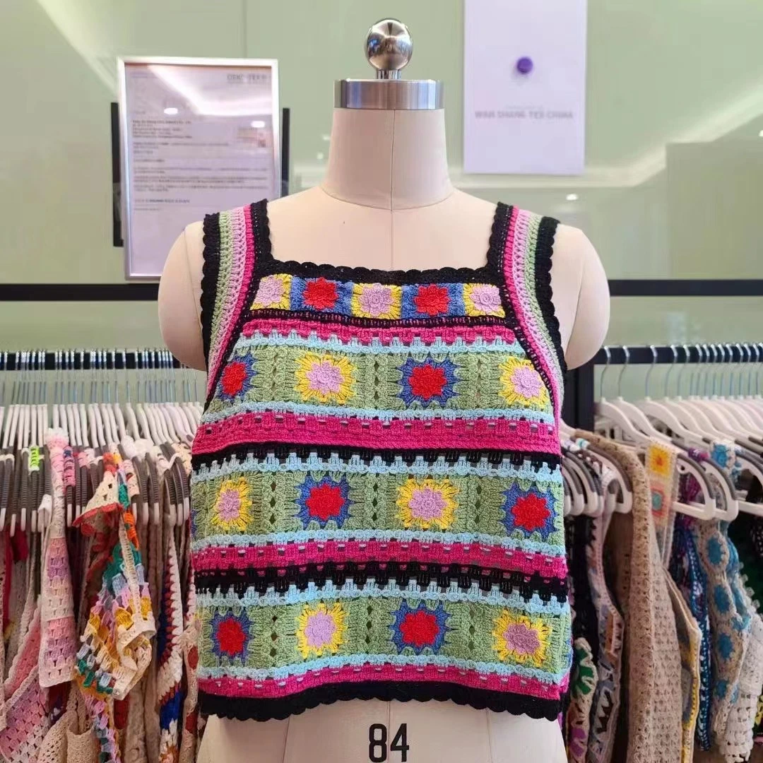 Señoras coloridas prendas de ropa de moda Primavera Verano tejidos acrílicos Crochet Chaleco de mujer Top