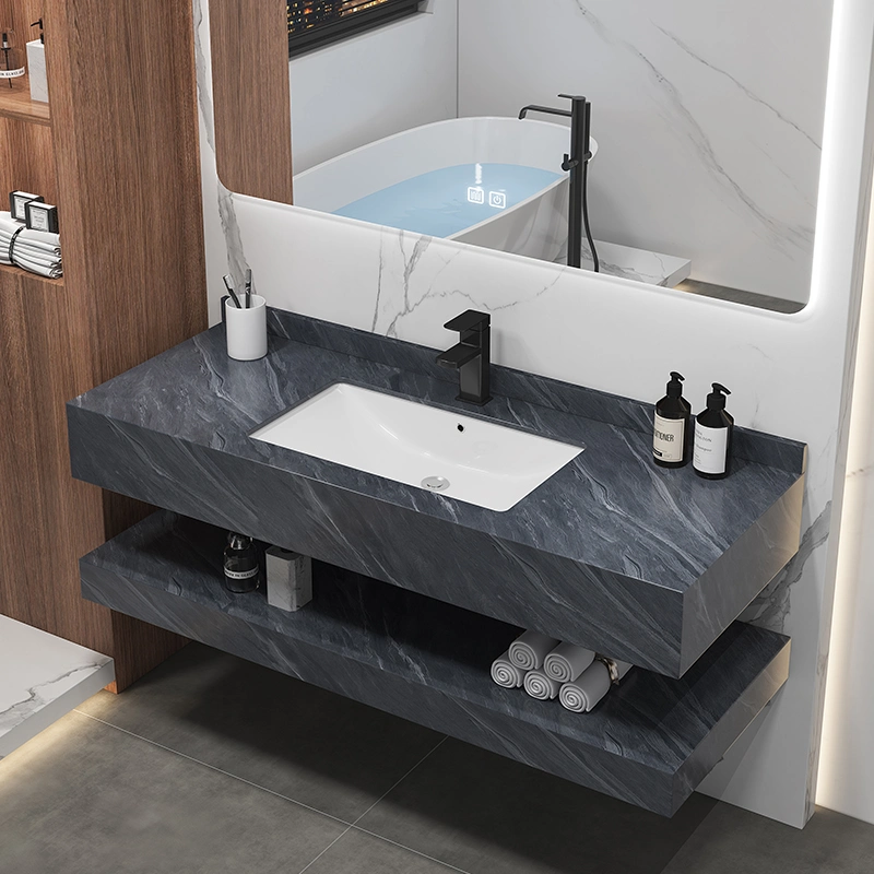 Modern Wall Mount Marble Bathroom Vanities Ceramic Wash Basin Cabinet with Mirror