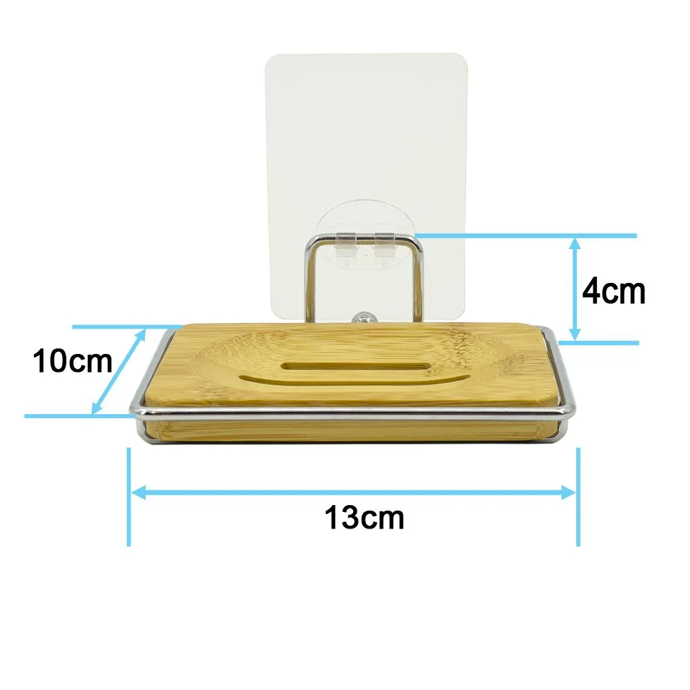 Hot Sales Bathroom Self-Draining Chrome Plated Bar Soap Holder for Shower Wall Metal Wire Adhesive Soap Dish with Bamboo Base