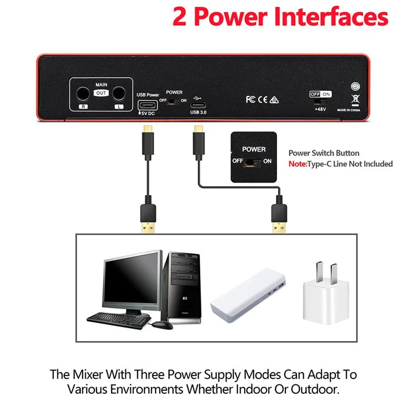 Fábrica portátil Hot-Sale UC42 Tarjeta de sonido interfaz de Audio Estudio de grabación Interfaz de conector XLR Audio Alimentación USB