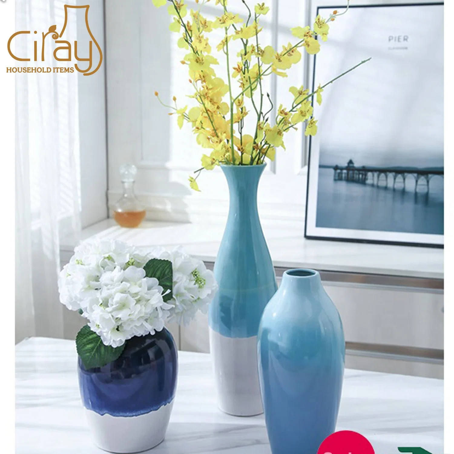 Glossy Navy Blue Color Ceramic Flower Vase with Chinese Style