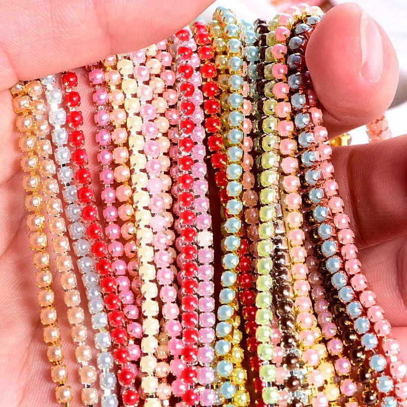 Ss8 Pearls Rhinestones Chain Colorful Round ABS Pearls Chain Gold Base Cup Beauty Accessories for DIY Garments