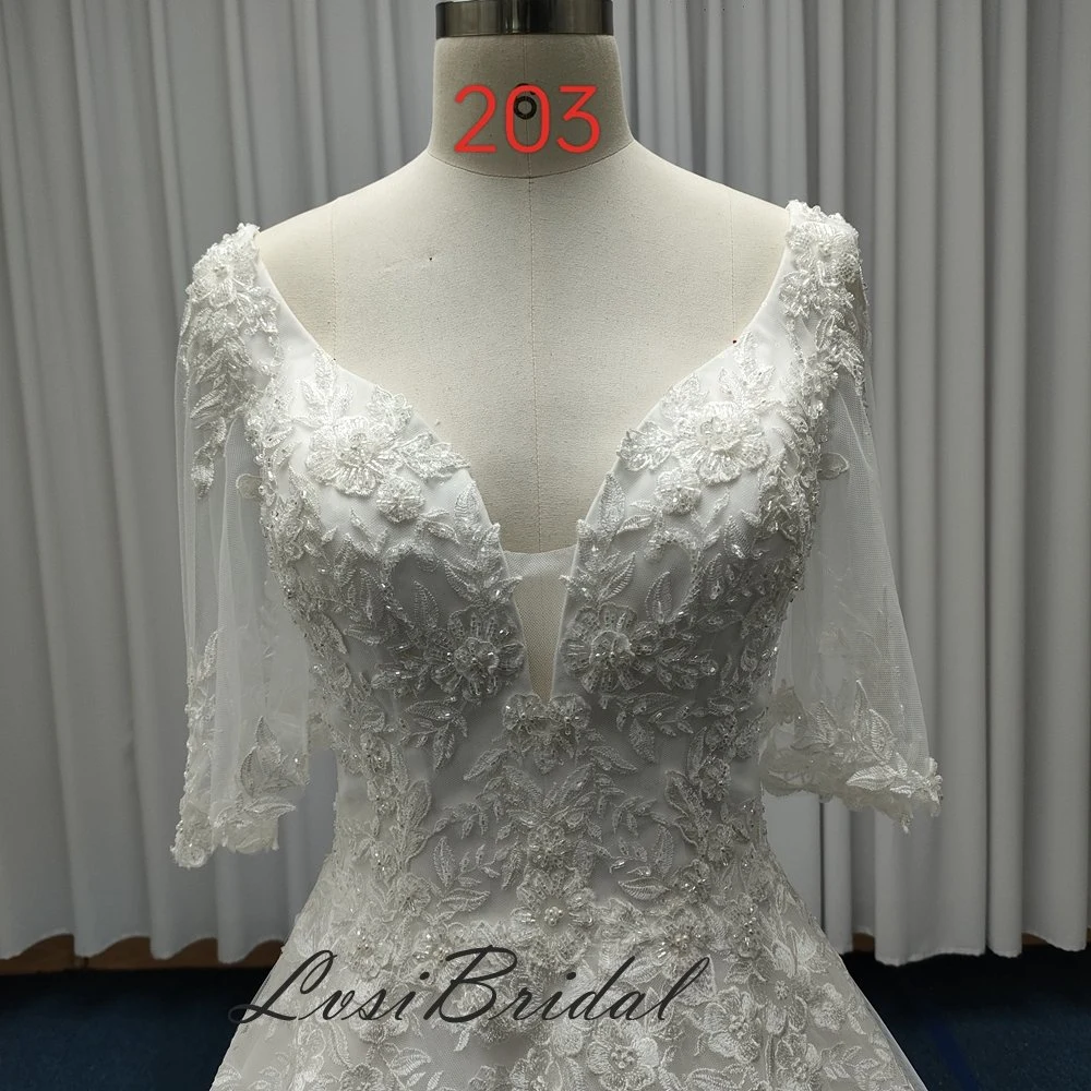 Decote em V ao pescoço e casamento de manga de lótus. 203 Vestido com Lace e vestido vestido bridal de beading pesado com Tulle Ball vestido Skirt vestido pela fábrica