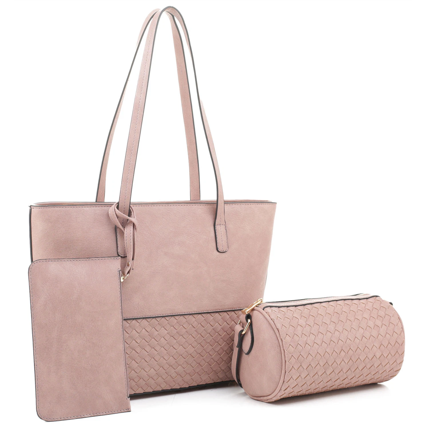 Lady Fashion PU Leather Woven 3-in-1 Shopper Set Handbag Women Tote Bag