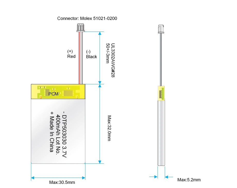 Hot Sale mejor Precio recargable 503030 3,7V 400mAh polímero de litio Batería para Smart Watch