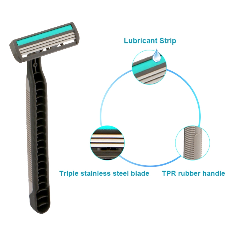 D328L Three Blade Razor with Fixed Head Rubber Handle Men Razor