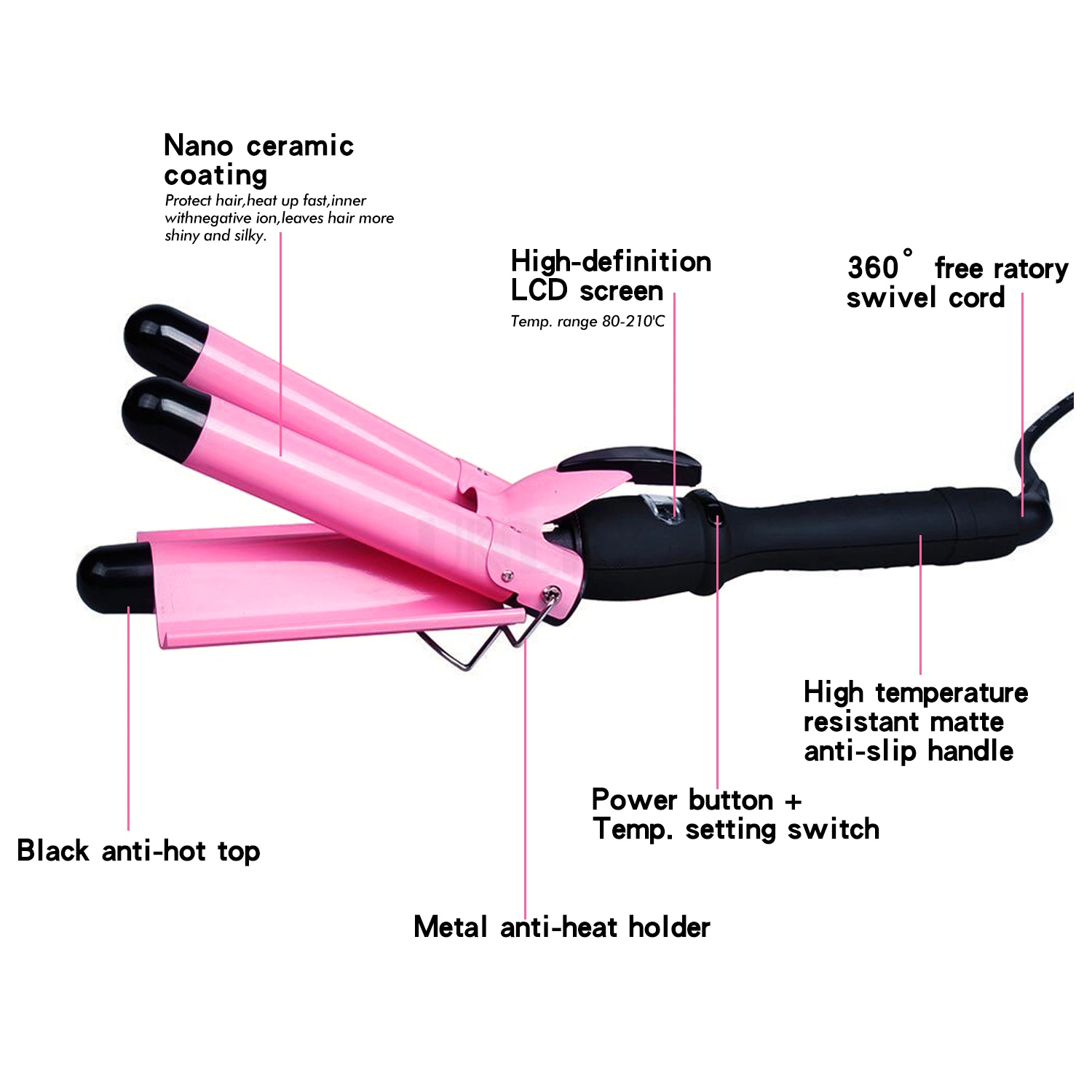 Top Quality Hair Curler High Tide Ceramic Waver Iron OEM Mermaid 3 Barrel Hair Curler with LCD Display Hair Stylist