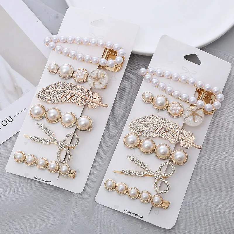 Fashion Multi Glitter Luxury Rhinestone Flower Hair Clips Women Gold Barrettes Clips Pearls Clip Hair Set