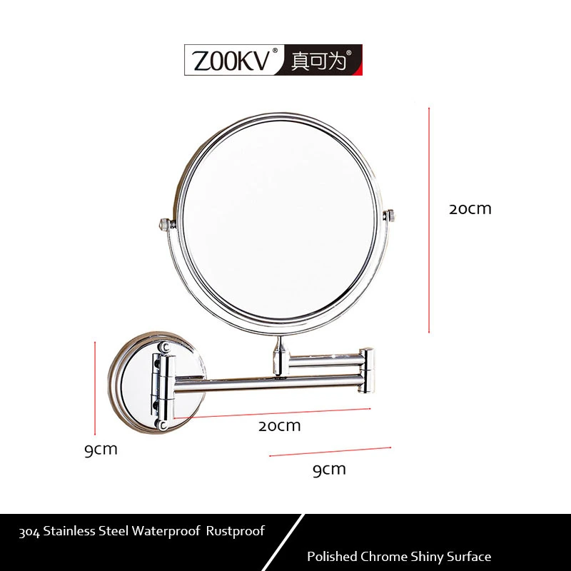 Miroir de maquillage double face mural en acier inoxydable chromé pour salle de bains Avec loupe 1X 3X