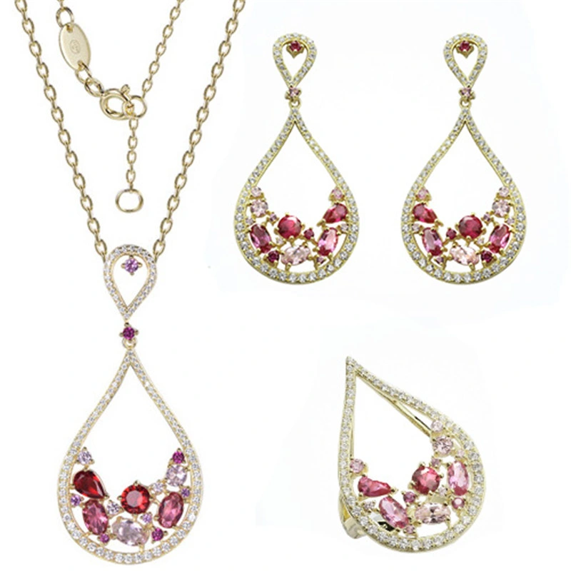 925 Silver Pear Shaped Earring Necklace and Ring Glass Fashion Jewelry Sets for Wedding