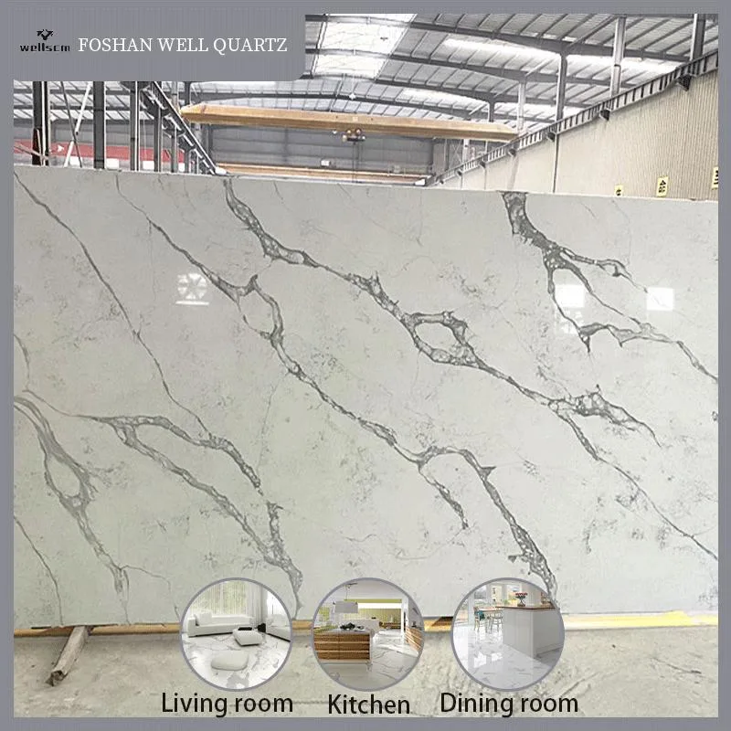 Artificial Calacatta Stone Veneer Surface Cut -to-Size White Marble Quartz Countertops Slabs