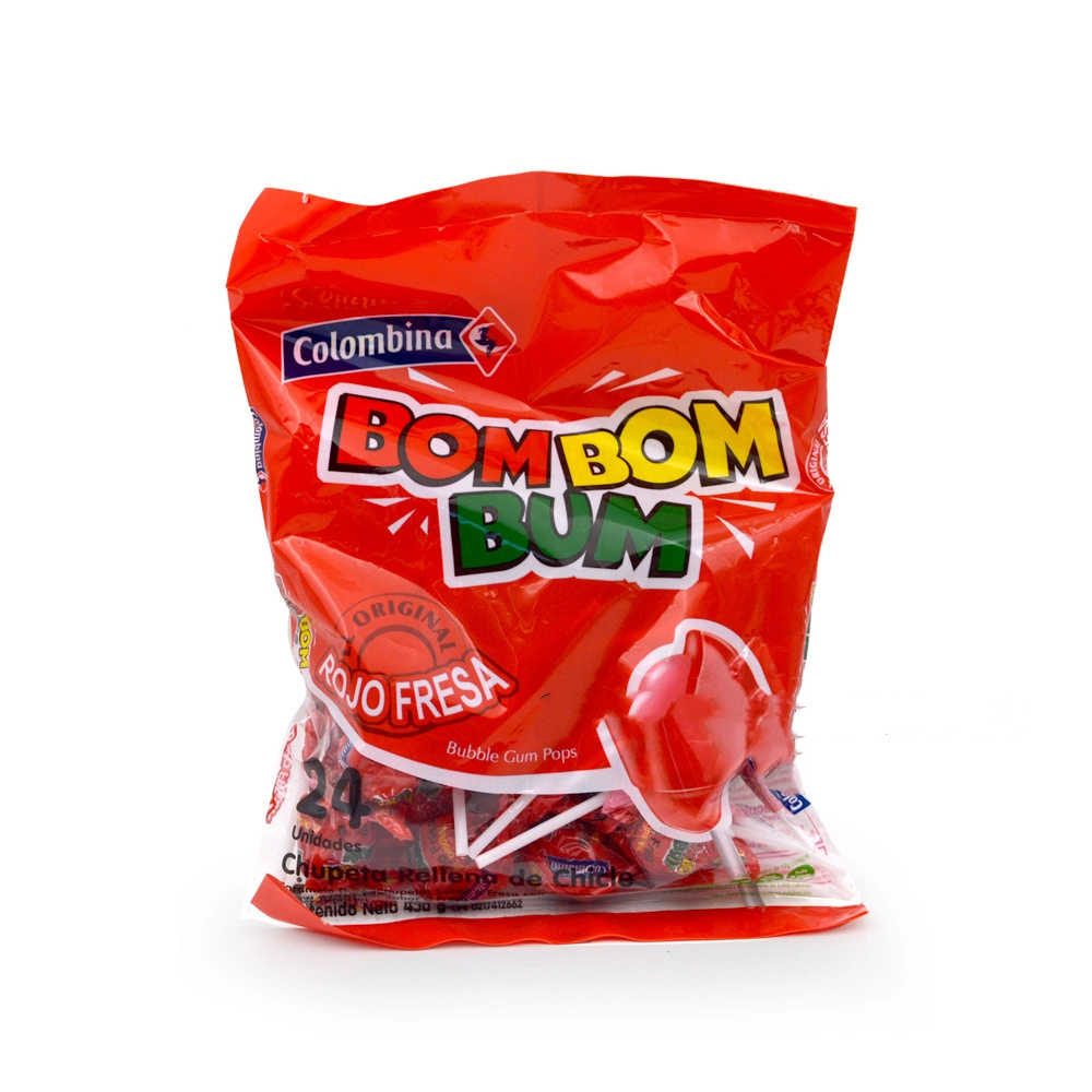 Factory Wholesale/Supplier Bom Bom Gum Round Ball Strawberry Lollipop with Gum