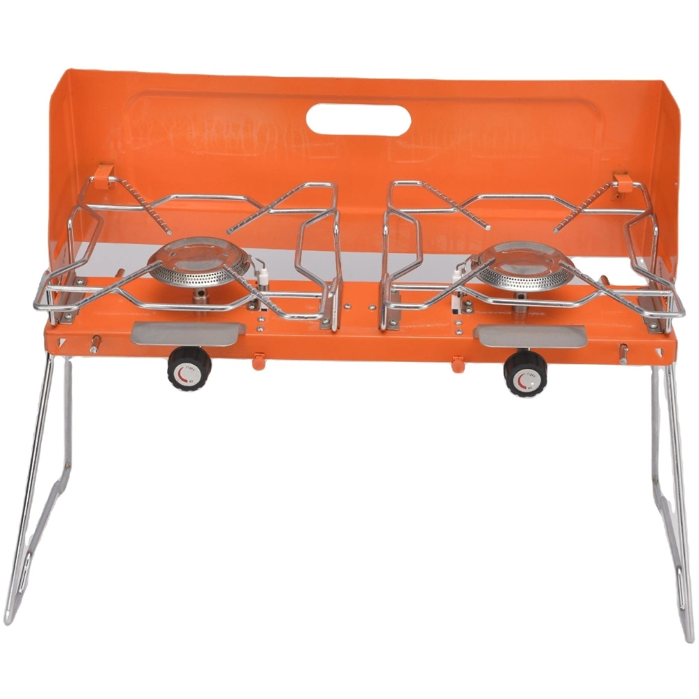 Doppel-Brenner Gasherd Camping Brenner mit Klapparme Windschutzscheibe BBQ Ci23302