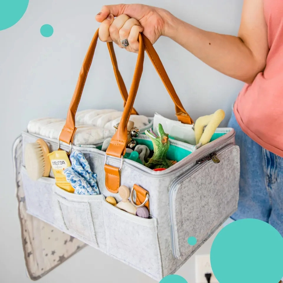 Portable Felt Baby Diaper Caddy Storage Bag with Roll Lid and Removable Divider for Nursery Nappy Caddy Cream