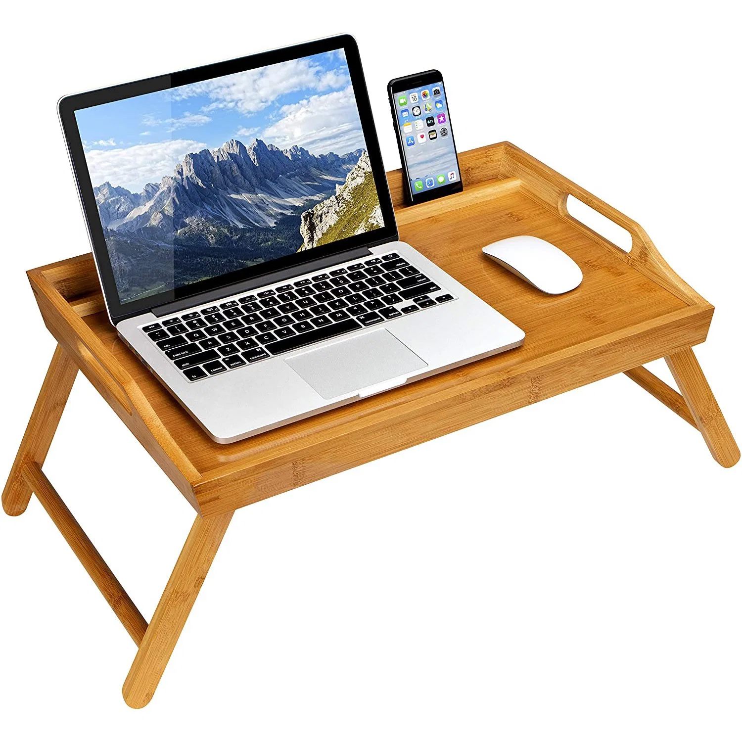 Natural Bamboo Media Bed Folding Tray with Phone Holder Fits up to 17.3 Inch Laptops and Most Tablets