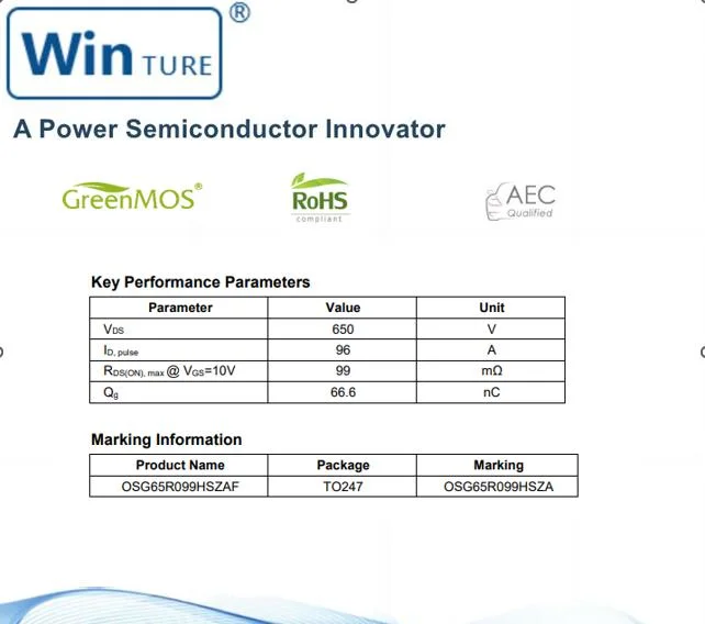 Boost PFC Telecom Power Osg65r099hszawa TO247 VDS 650V RDS99mΩ Fast MOSFET de régulateur haute tension à diode de récupération