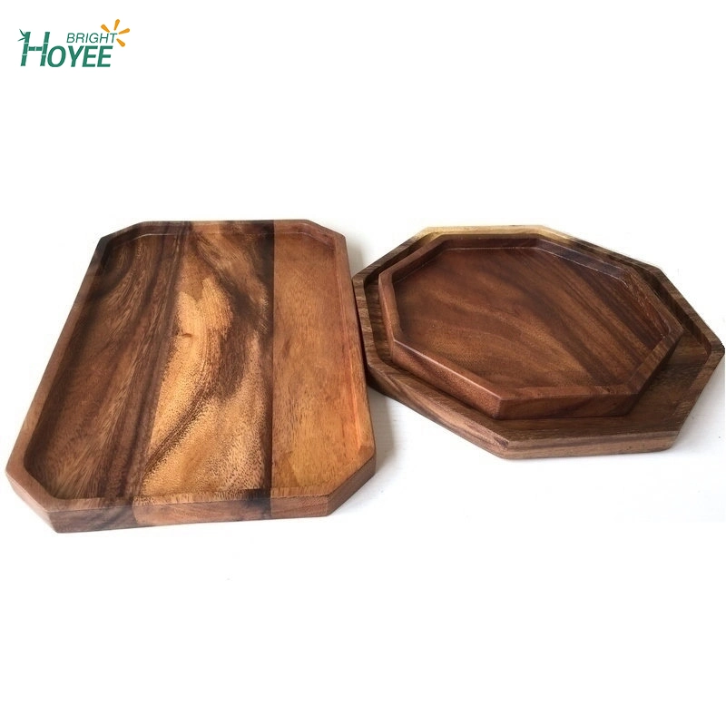 Acacia Wood Flat Base Octagonal Plate Living Room Snack Plate Tea Plate Restaurant Wooden Tray