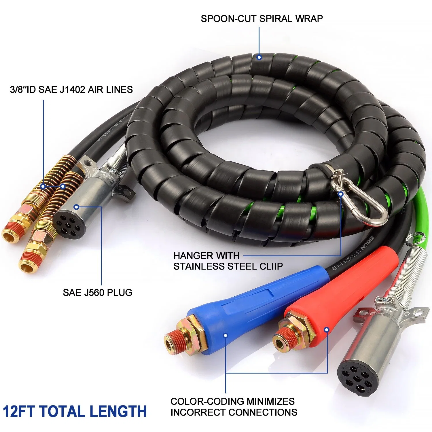 3 in 1 Heavy Duty Electric Cable Wrap Cord ABS Air Line Hose Assembly 7 Way Truck Tractor Trailer Cable