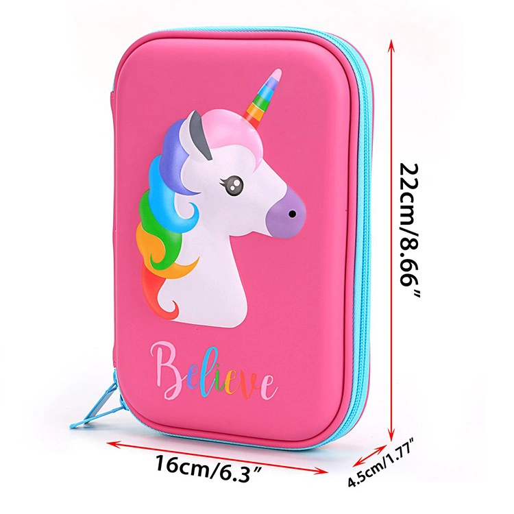 Hot Pink Hard Shell Portable Unicorn EVA Waterproof 3D Printing PU Pen Pencil Stationery Bag Case