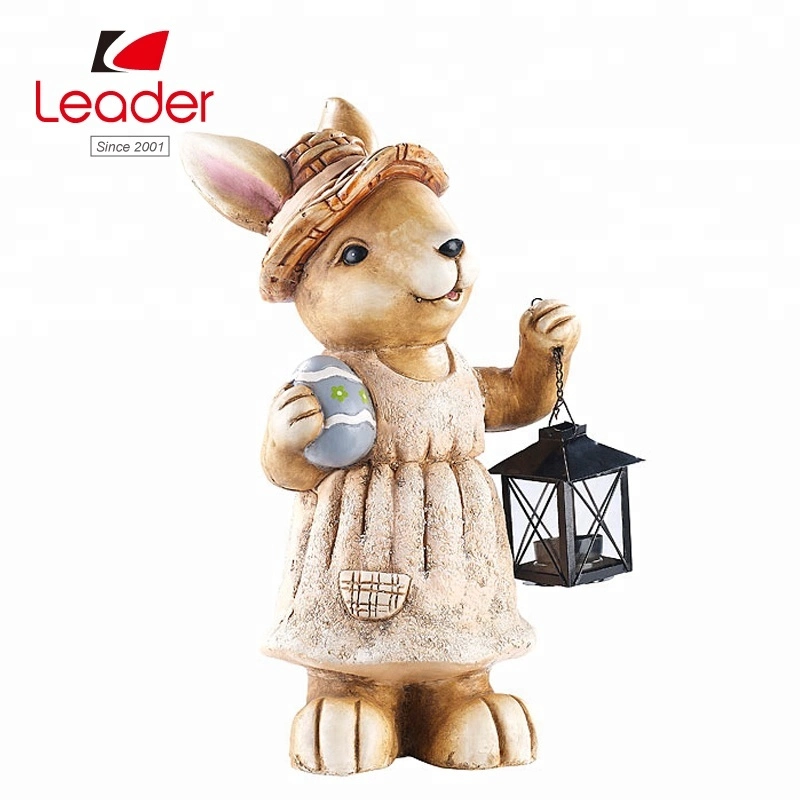 Hot Selling Polyresin Bunny with Candle Lantern Easter Art Statue for Home and Outdoor Statue