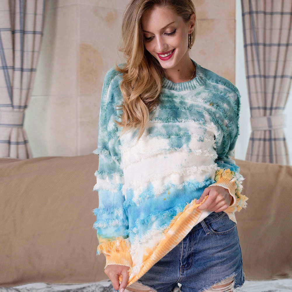 Winter Tassel Sweater Pullover Casual Tops Women Loose Tie-Dye Knitwear Blouses