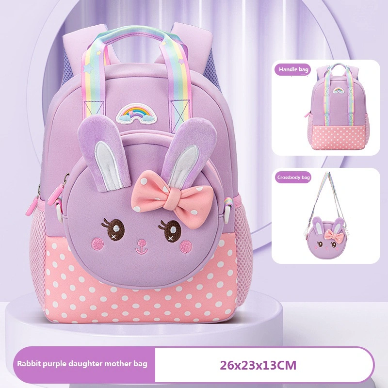 Image mignonne d'un lapin de dessin animé Sac à dos de maternelle Grande capacité Achetez-en un, obtenez gratuitement un sac de poitrine Sac pour enfant