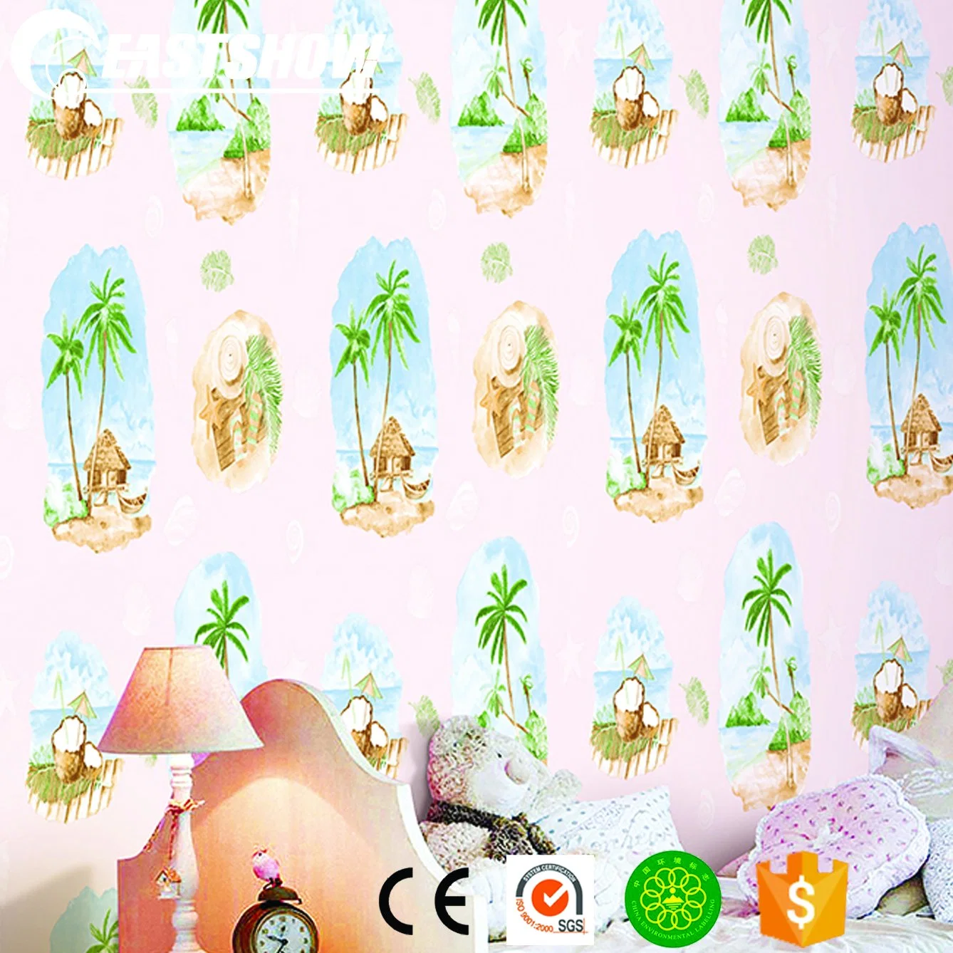 Tropical Wallpaper with Island and Coconut (220-240g/sqm 53CM*10M)