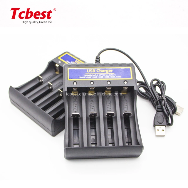 Factory Direct 3.7V Black Color Super Charge Rechargeable Fast Lithium Battery Charger 4 USB with Cable for 18650/14500/26650/18500/10440/18350/18650