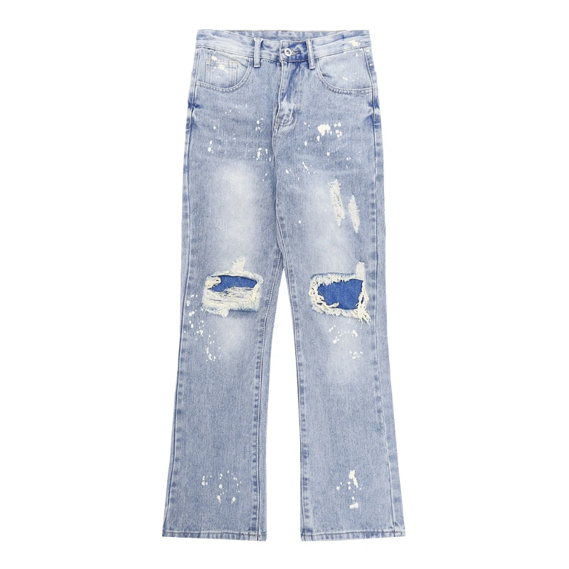 Splash-Ink Torn Patch Jeans Men Slim Straight Through Retro Wash Jeans Men